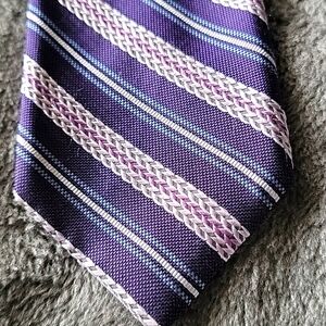 Bruno Piattelli Men’s Roma Handmade 100% Silk Tie Purple Blue Pink & Grey Stripe